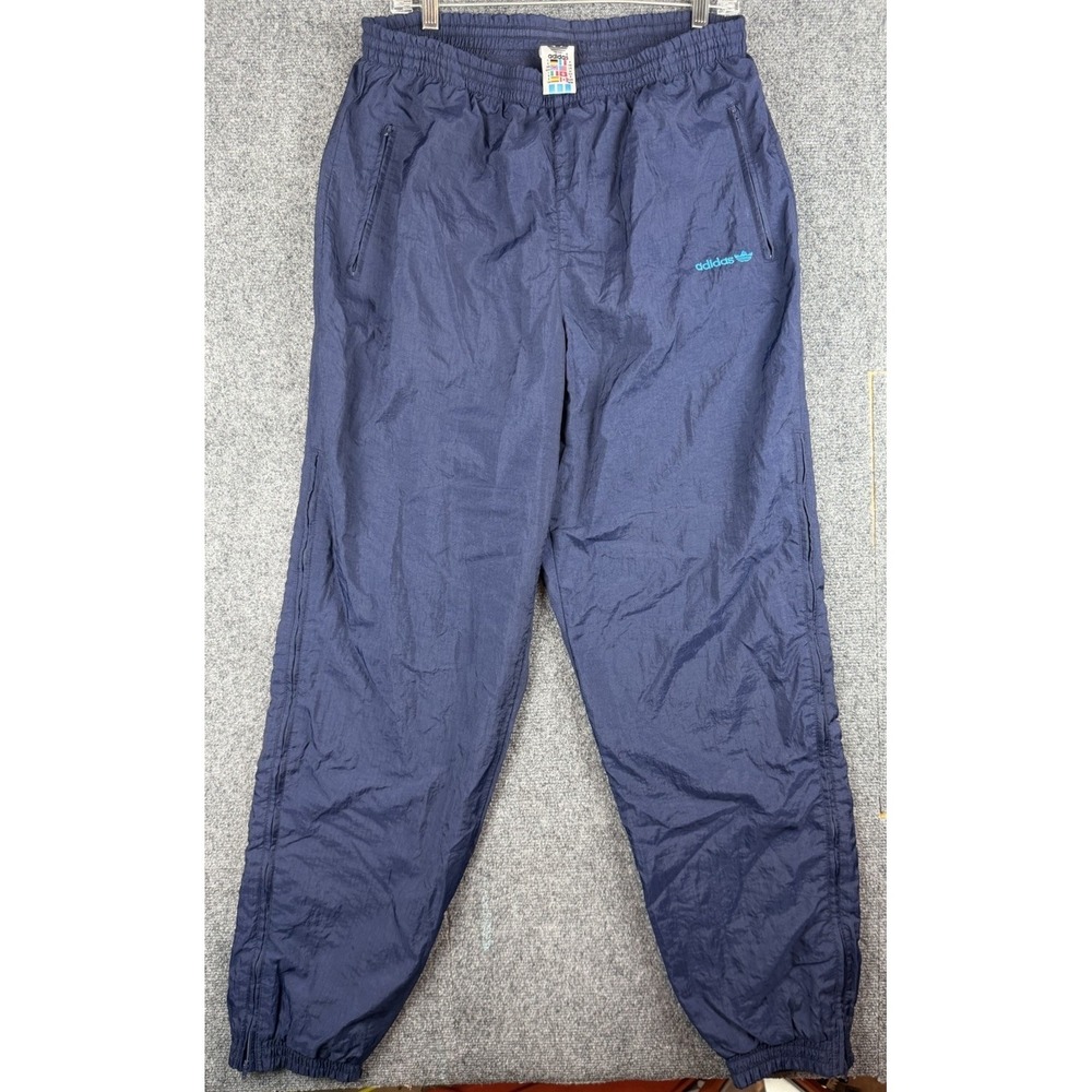 VTG Adidas Pants Mens M Windbreaker Joggers Track Lined Ankle Zip Y2K Nylon Blue